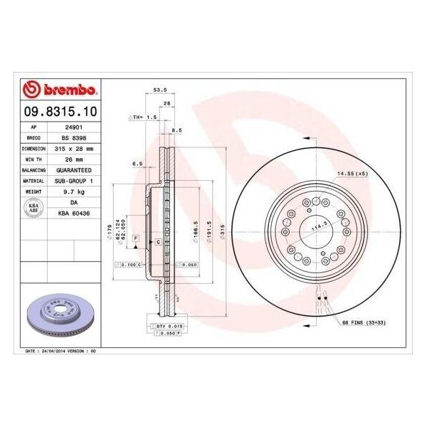 Brembo 09.8315.10 - Disco Freno Oe 4351250130 Per Ls (F2)-image