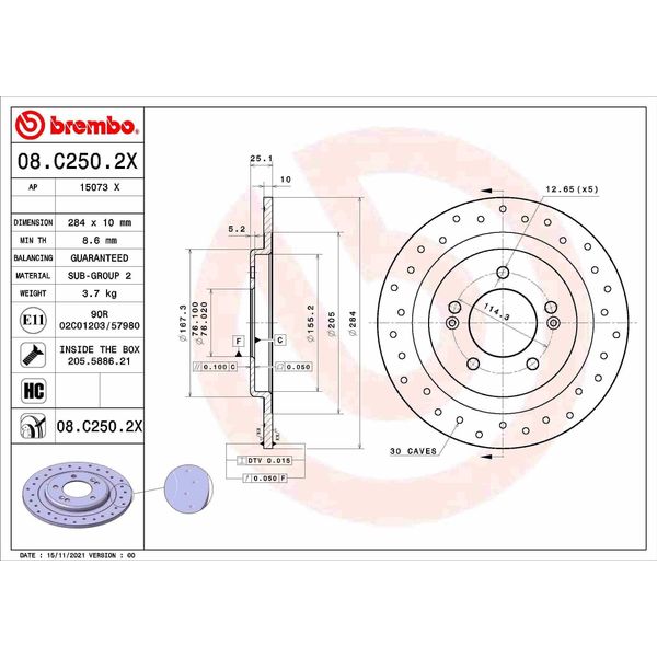 Brembo 08.C250.2X - Oe 584113Z100 Disco Freno Per I40 (Vf)-image
