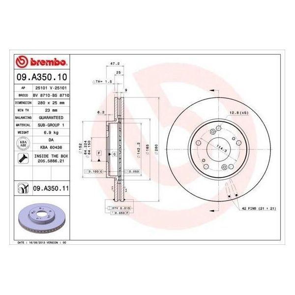 Brembo 09.A350.11 - Disco Freno Oe 45251S1AE40 Per Accord Vii-image