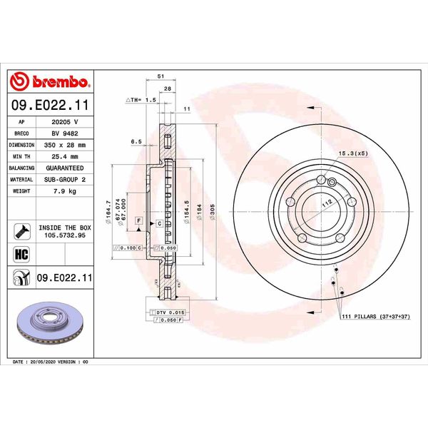 Brembo 09.E022.11 - Disco Freno Oe 2474210412 Per Classe A (W177), Classe B (W247), Cla (C118), Cla (X117), Gla (H247), Glb (X247)-image