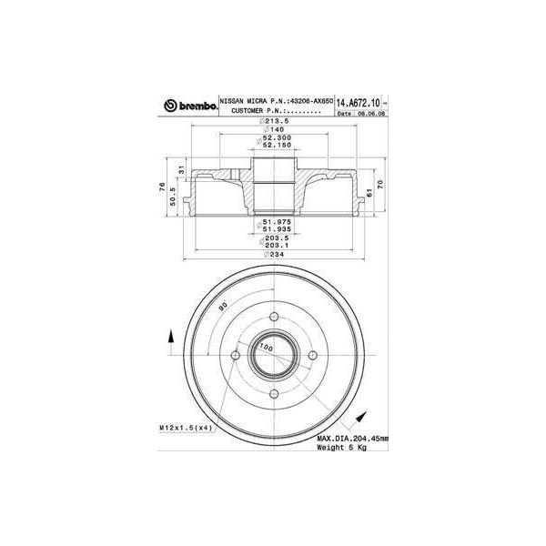 Brembo 14.A672.10 - Tamburo Freno Oe 43206AX650 Per Micra Iii (K12), Note (E11, NE11)-image