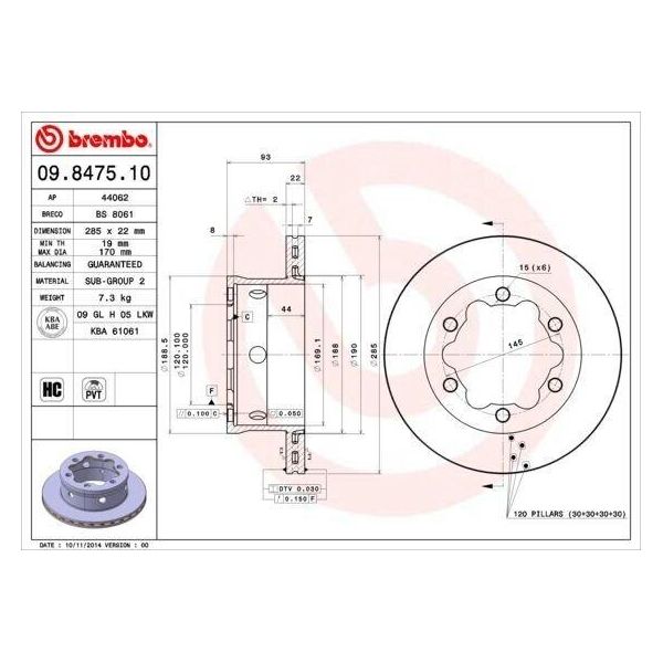 Brembo 09.8475.10 - Disco Freno Oe 9044230212 Per Sprinter (W901, W902), Sprinter (W903), Sprinter (W904), Vario-image