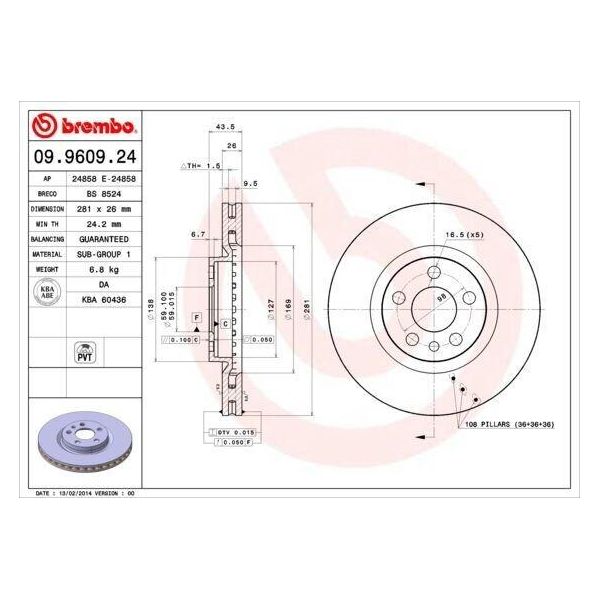 Brembo 09.9609.24 - Disco Freno Oe 1618863580 Per 806 (221), 806 Van (Af), Expert (222), Expert (223), Expert (224), Jumpy (B), Jumpy (U6U)-image