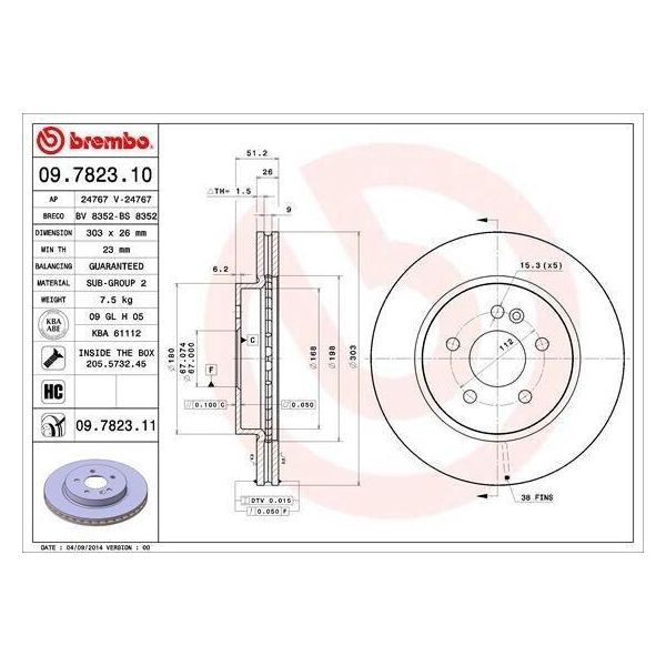 Brembo 09.7823.11 - Disco Freno Oe 1634210012 Per Classe M (W163)-image