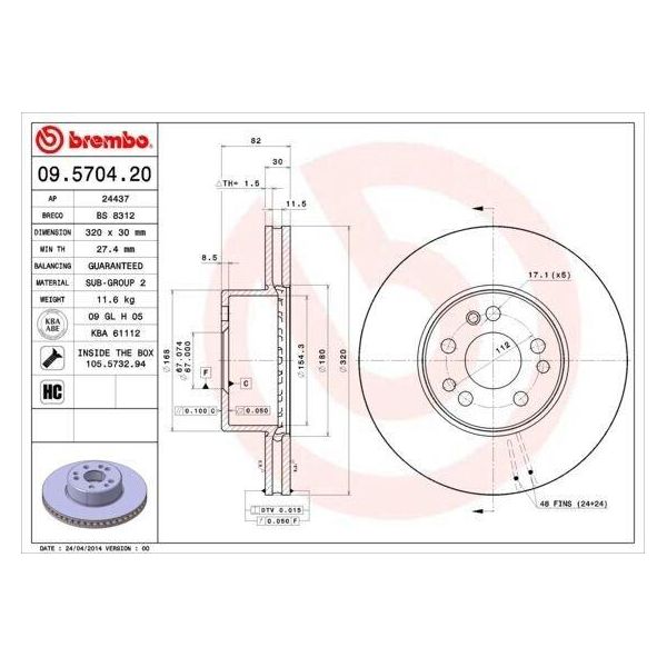 Brembo 09.5704.20 - Disco Freno Oe 1404210212 Per Classe S (C140), Classe S (W140)-image
