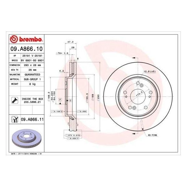 Brembo 09.A866.10 - Oe 45251SWAA00 Disco Freno Per CR-V Iii (Re), CR-V Iv (Rm)-image