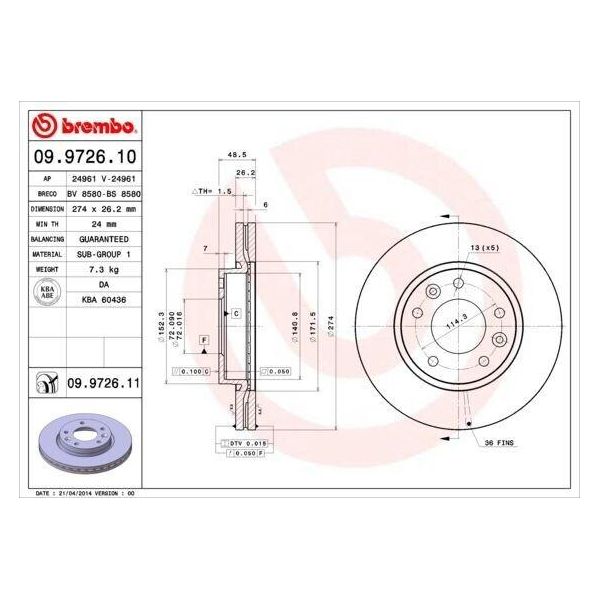 Brembo 09.9726.11 - Oe 0K55A33251 Disco Freno Per Carnival I (Up), Carnival Ii (Gq)-image