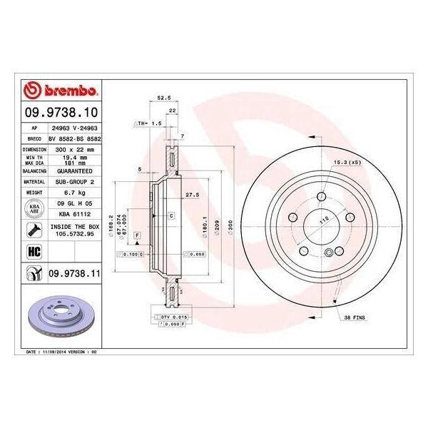 Brembo 09.9738.11 - Disco Freno Oe 2204230212 Per Classe S (C215), Classe S (W220)-image
