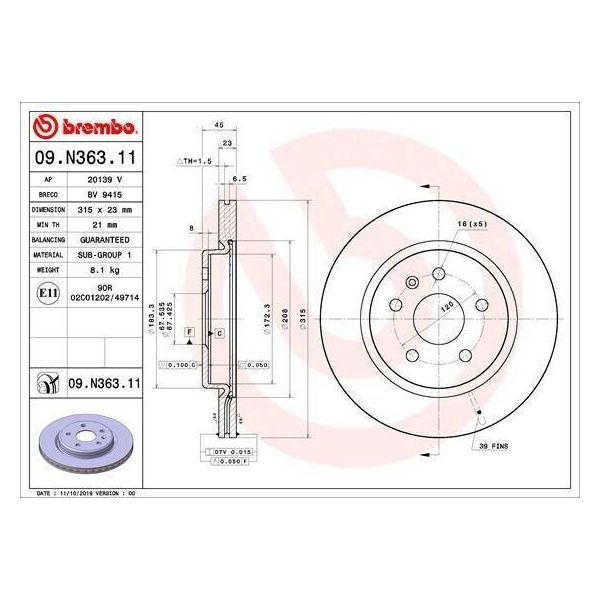 Brembo 09.N363.11 - Disco Freno Oe 13509676 Per Insignia B (Z18)-image