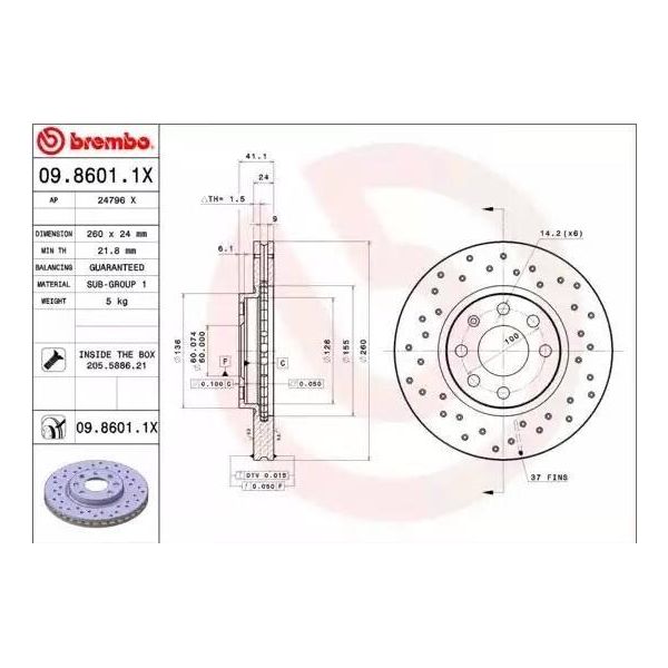 Brembo 09.8601.1X - Disco Freno Oe 569000 Per Combo, Combo Tour, Corsa C (X01), Meriva (X03), Tigra Twintop (X04)-image