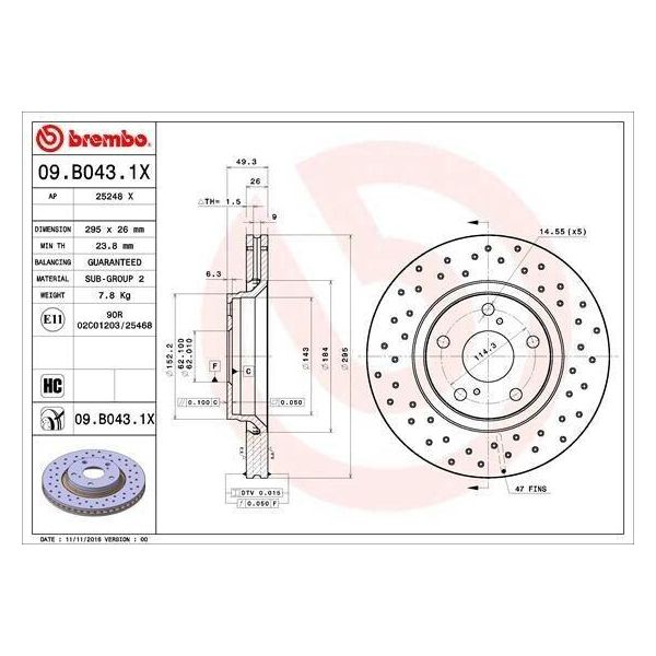 Brembo 09.B043.1X - Oe 435120F030 Disco Freno Per Auris (E18), Avensis (T27), Verso (R2)-image