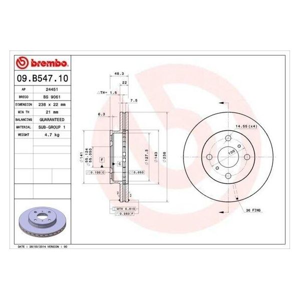 Brembo 09.B547.10 - Disco Freno Oe 4351212350 Per Corolla (E11)-image