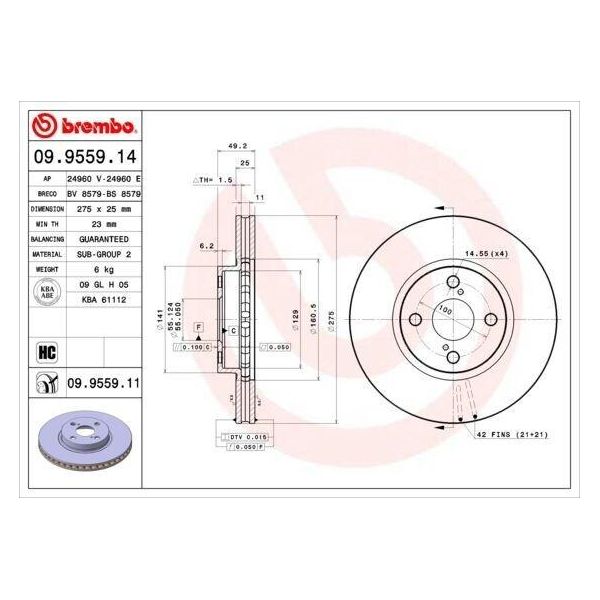 Brembo 09.9559.14 - Disco Freno Oe 4351202080 Per Corolla (E12)-image