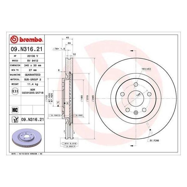 Brembo 09.N316.21 - Disco Freno Oe 13598064 Per Insignia B (Z18)-image