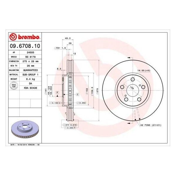 Brembo 09.6708.10 - Disco Freno Oe 4351220590 Per Avensis (T22), Celica (T20)-image