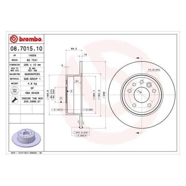 Brembo 08.7015.10 - Oe 0569118 Disco Freno Per Vectra B (J96)-image
