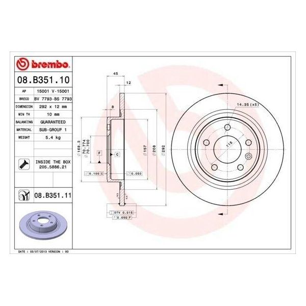 Brembo 08.B351.10 - Disco Freno Oe 13502139 Per Ampera (R12), Astra J, Cascada (W13), Cruze (J300), Cruze (J305), Cruze (J308), Orlando (J309), Zafira Tourer C-image