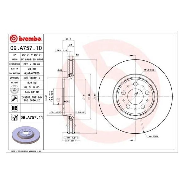Brembo 09.A757.11 - Oe 9475266 Disco Freno Per S60 I (384), S80 I (184), V70 Ii (285), XC70 (295)-image