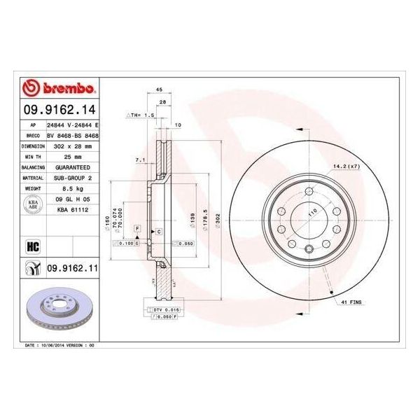 Brembo 09.9162.14 - Disco Freno Oe 95526652 Per Signum (Z03), Vectra C (Z02)-image