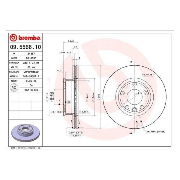 Brembo 09.5566.10 - Oe 701615301A Disco Freno Per T4-image