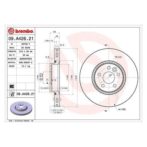 Brembo 09.A426.21 - Oe 31400764 Disco Freno Per S60 Ii (134), S80 Ii (124), V60 I (155, 157), V70 Iii (135), XC70 Ii (136)-image