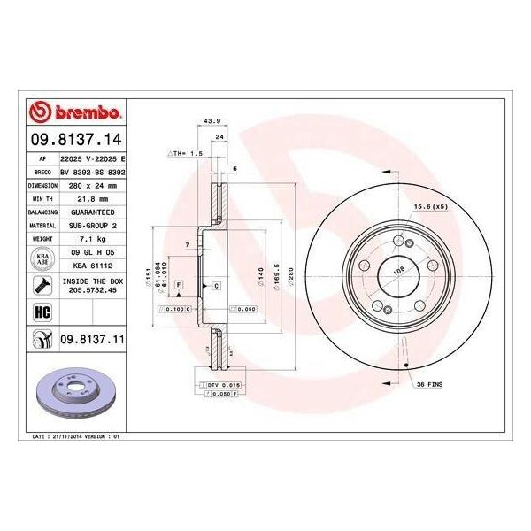 Brembo 09.8137.11 - Disco Freno Oe 7700802231 Per Espace Iii (Je), Laguna I, Safrane I (B54), Safrane Ii (B54), Scenic I-image