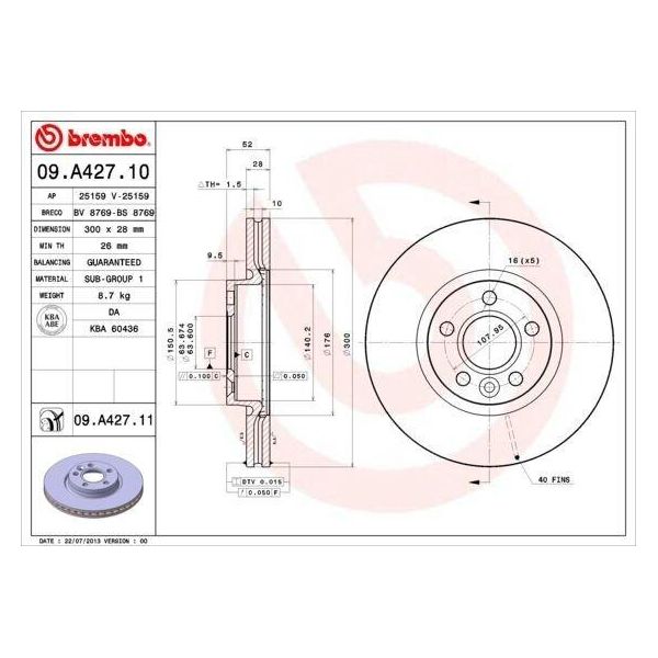 Brembo 09.A427.10 - Bremsscheibe Oe 1379965 Per Freelander 2 (L359), Galaxy (WA6), Mondeo Iv, Range Rover Evoque (L538), S60 Ii (134), S80 Ii (124), S-Max (WA6), V60 I (155, 157), V70 Iii (135), XC70 Ii (136)-image