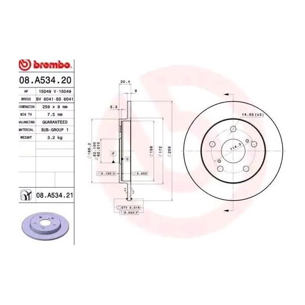 Brembo 08.A534.21 - Disco Freno Oe 4243102190 Per Auris (E15), Corolla (E15), Corolla (E18)-image