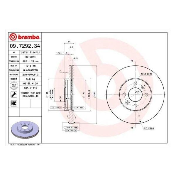 Brembo 09.7292.34 - Disco Freno Oe 7701205840 Per Laguna I, Megane I, Megane Scenic, Safrane I (B54)-image