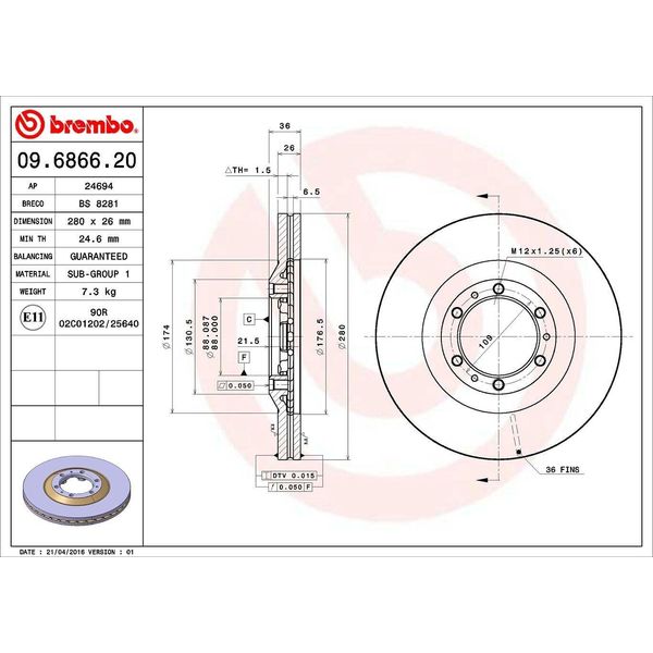 Brembo 09.6866.20 - Disco Freno Oe 97034034 Per Frontera B (U99)-image