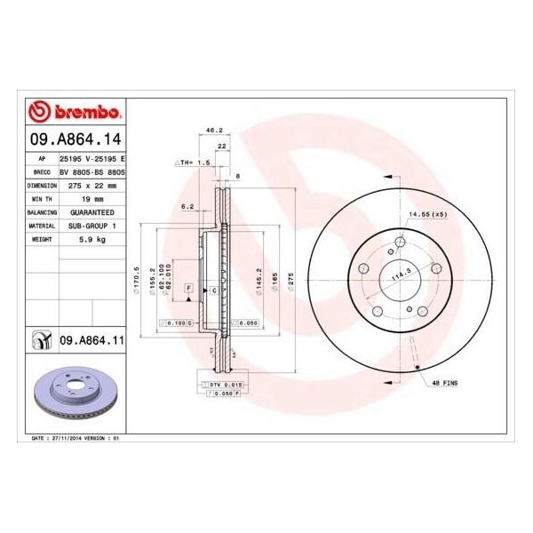 Brembo 09.A864.14 - Disco Freno Oe 4351212670 Per Auris (E15), Corolla (E15), Corolla (E18)-image
