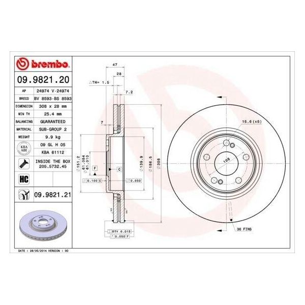 Brembo 09.9821.21 - Disco Freno Oe 7701207378 Per Espace Iv (Jk), Laguna Ii-image