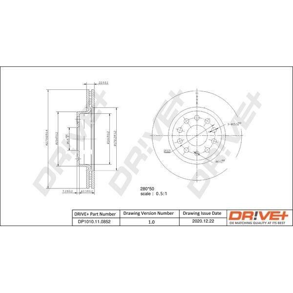 Dr!Ve+ DP1010.11.0852 - Bremsscheibe Ac Oe 1K0 615 301, Vorderachse FüR A3 (8P), Altea (5P), Leon (1M1), Leon (1P1), Toledo Iii (5P2), Octavia Ii (1Z), Yeti (5L), Beetle (5C), Caddy Iii (2C, 2K), Golf Vi, Jetta Iii (1K2), Jetta Iv, Golf Plus (5M), Golf V (1K)-image