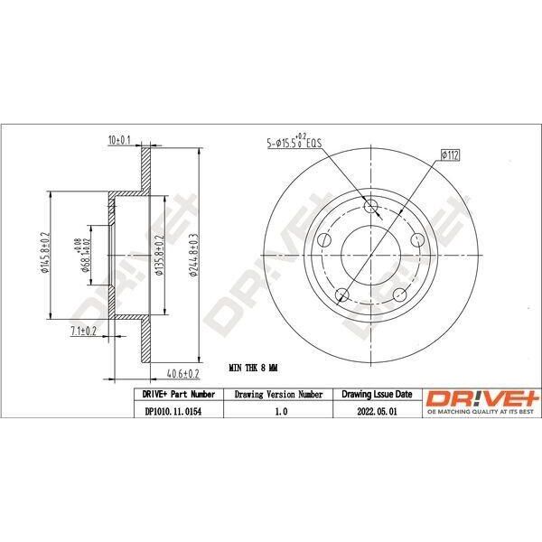 Dr!Ve+ DP1010.11.0154 - Oe 8D0 615 601 A Disco Freno, Assale Posteriore Per A4 (8D), Passat (3B)-image