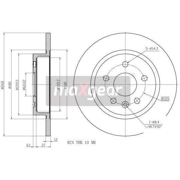 Maxgear 19-2333 - Disco Freno Oe 13505759, Asse Posteriore Per Aveo (T300), Cruze (J300), Cruze (J305), Cruze (J308), Trax, Astra J, Mokka X (J13)-image
