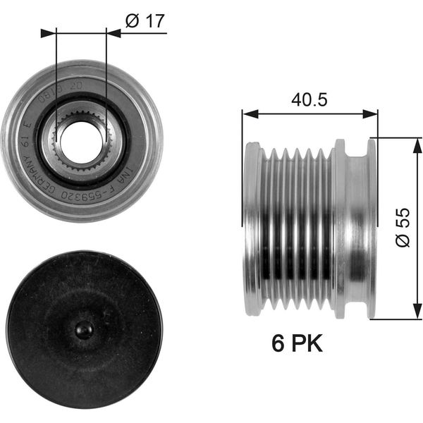 Gates OAP7057 - Puleggia Alternatore Oe 05117591AA Per Pt Cruiser (Pt), Grand Cherokee Ii (Wg, Wj), Sprinter (W906), Sprinter (W903), Classe C (W202), Classe C (W203), Classe C (CL203), Classe C (S202), Classe C (S203), Classe E (VF210), Classe E (S210), Sprinter (W901, W902), Sprinter (W904), Sprinter (W905), Sprinter (W909), Classe V (638/2), Viano (W639), Vito (W639), Vito (W638)-image