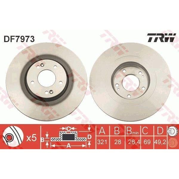 Trw DF7973 - Disco Freno Oe 51712 2W700 Per Grand Santa Fe, Santa Fe Iv (Tm), Santa Fe Ii (Cm), Santa Fe Iii (Dm), Sorento Ii (Xm), Sorento Iii (Um)-image