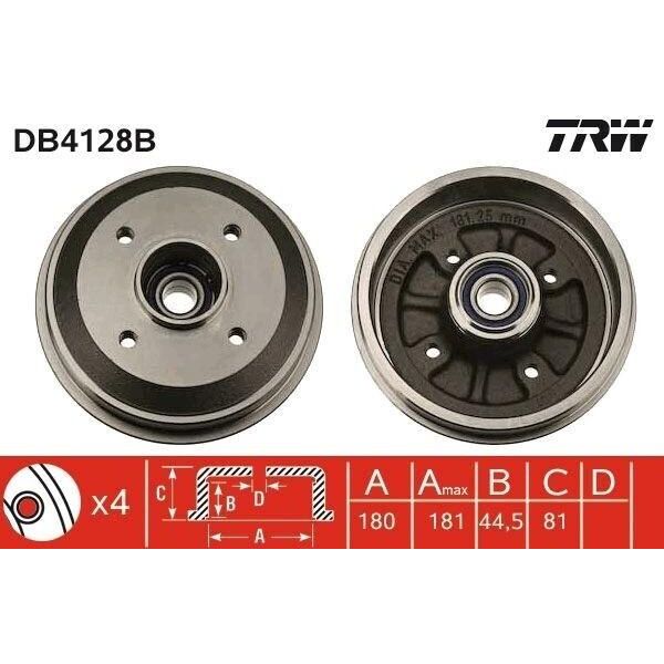 Trw DB4128B - Oe 4247 32 Tamburo Del Freno Con Cuscinetto Ruota Per Zx (N2), Xsara, 306-image