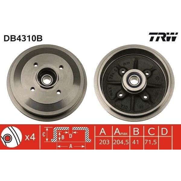 Trw DB4310B - Oe 4247 46 Tamburo Del Freno Con Cuscinetto Ruota Per C3 I (Fc, Fn), C3 Pluriel (Hb), C2 (Jm), C2 Enterprise (Jg), 1007 (Km), 208 I (Ca, Cc)-image