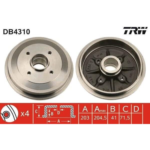 Trw DB4310 - Oe 4247 46 Tamburo Freno Per C2 (Jm), C2 Enterprise (Jg), C3 I (Fc, Fn), C3 Ii (Sc), C3 Pluriel (Hb), DS3, 1007 (Km), 208 I (Ca, Cc)-image