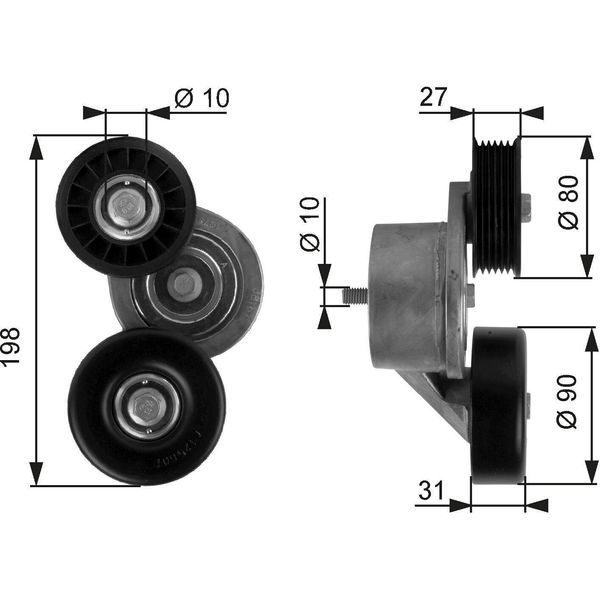Gates T38167 - Puleggia Tenditore Oe 53030958AE, Cinghia A V Per Grand Cherokee Ii (Wg, Wj), Grand Cherokee Iii (Wh, Wk), Cherokee (Kj), Cherokee (Kk), Commander (Xh, Xk)-image