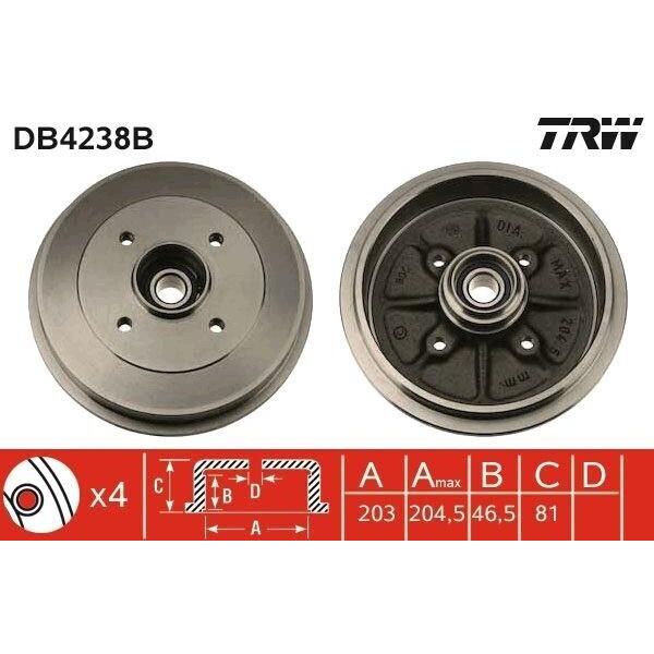 Trw DB4238B - Oe 4247 40 Tamburo Del Freno Con Cuscinetto Ruota Per Xsara, Zx (N2), 306-image