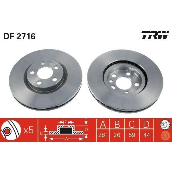 Trw DF2716 - Disco Freno Oe E 169 008 Per Jumpy (U6U), Jumpy (B), Ulysse, Scudo, 806 (221), 806 Van (Af), Expert (224), Expert (222), Expert (223)-image