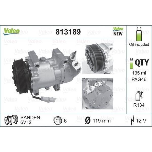 Valeo 813189 - Compressore Aria Condizionata Oe 6453 Jl Per Berlingo, C2 (Jm), Xsara, C2 Enterprise (Jg), C3 I (Fc, Fn), C3 Pluriel (Hb), 206 (2A/C), 206 Cc (2D), 206 (2E/K), 206 Sw (2E/K), 206 Van, 206+, 307, 307 Cc (3B), 307 Sw (3H), Partner (5, G)-image