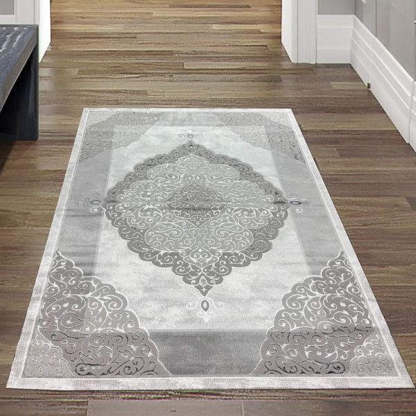 Tappeto Grigio Argento Ornamento Design Di Facile Manutenzione Resistente Soggiorno Dimensioni - 80 X 150 Cm-image