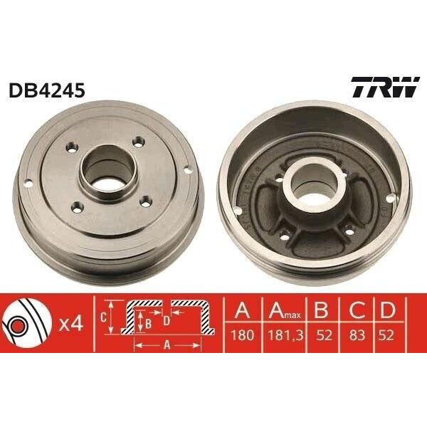 Trw DB4245 - Oe 77 00 419 824 Tamburo Del Freno Per Logan, Clio I, Clio Ii, Logan I, Thalia I (Lb), Thalia Ii (Lu), Twingo I (C06), Twingo I (S06)-image