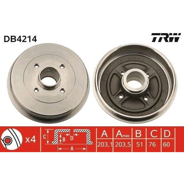 Trw DB4214 - Oe 77 00 839 322 Tamburo Del Freno Per Logan, Clio Ii, Logan I, Megane I, Megane Scenic, Thalia I (Lb), Thalia Ii (Lu), Twingo I (C06), Twingo I (S06)-image
