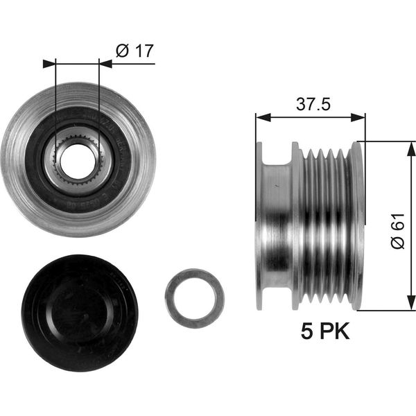 Gates OAP7108 - Puleggia Alternatore Di Primo Equipaggiamento A660C 300BX Per Micra Iii (K12), Clio Ii, Clio Iii, Grand Scenic Ii (Jm), Kangoo (Kc), Kangoo (Fc), Logan I, Megane Ii, Megane Iii, Modus (F/JP0), Scenic Ii, Thalia I (Lb)-image