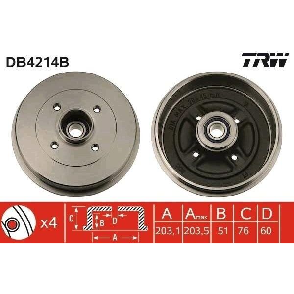 Trw DB4214B - Oe 82 00 243 735 Tamburo Del Freno Con Cuscinetto Ruota Per Logan, Megane I, Megane Scenic, Thalia I (Lb), Thalia Ii (Lu), Twingo I (C06), Twingo I (S06), Clio Ii, Logan I-image