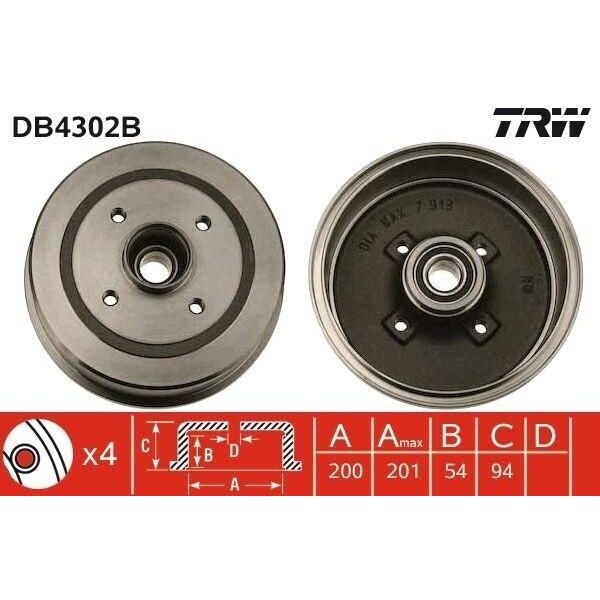 Trw DB4302B - Oe 9196290 Tamburo Freno Con Cuscinetto Ruota Per Corsa C (X01), Tigra Twintop (X04)-image